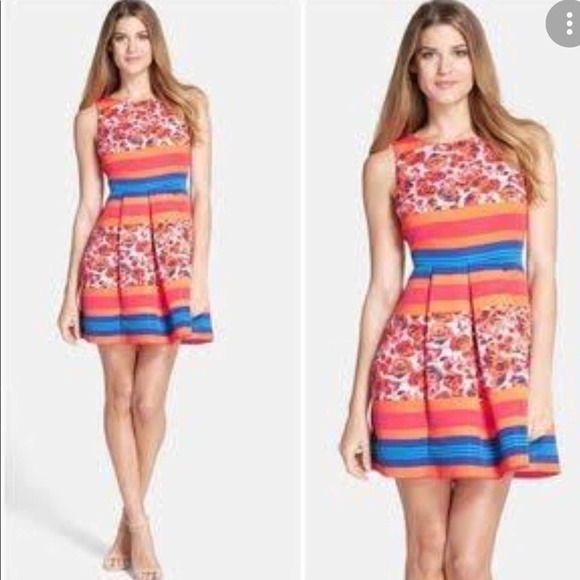 Plenty by Tracy Reese Stripe & Floral Print Pleated Fit and Flare Dress - Picture 1 of 6